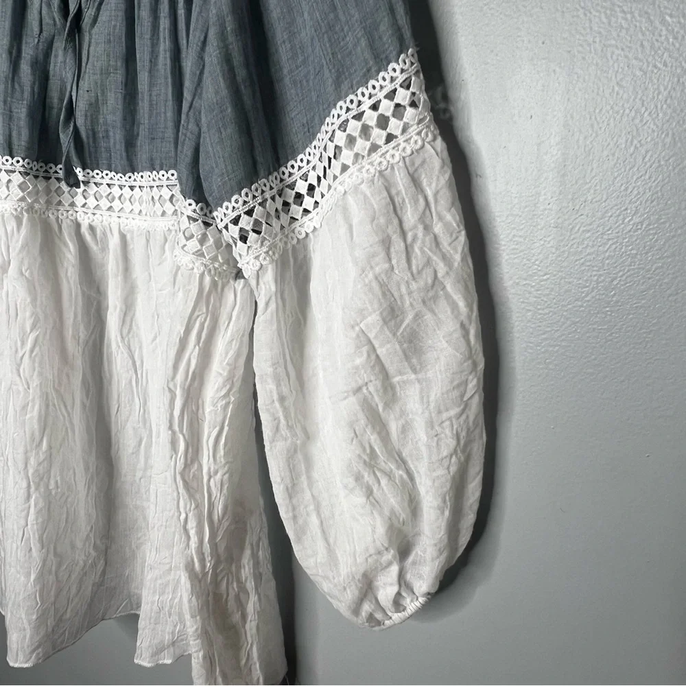 Kaktus NEW Blue White Chambray Boho Peasant Lace Tie Top 3/4 Balloon Sleeve L